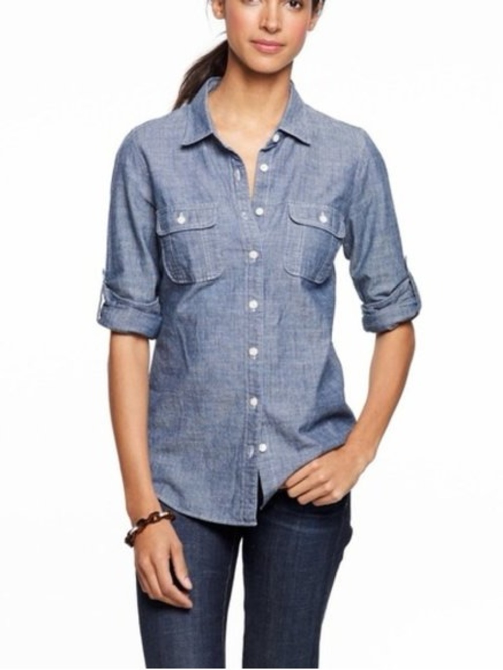 J. Crew The Perfect Shirt Chambray Denim Blue Button Down Shirt Roll Up sz‎ XXS